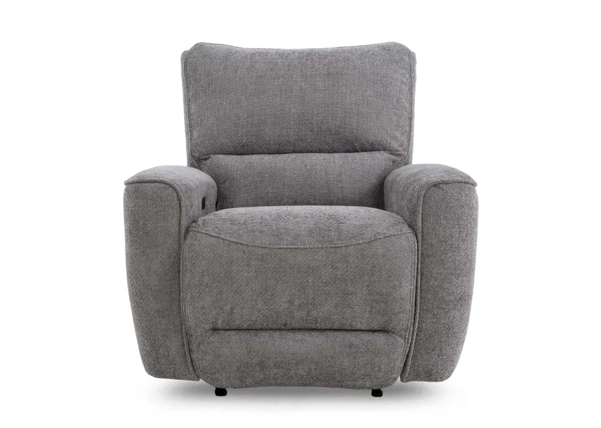 A grey fabric recliner from EZ Livings Ashbrook range. Front view