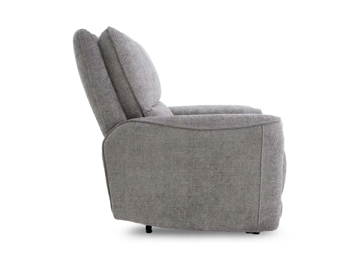 A grey fabric recliner from EZ Livings Ashbrook range. Side view
