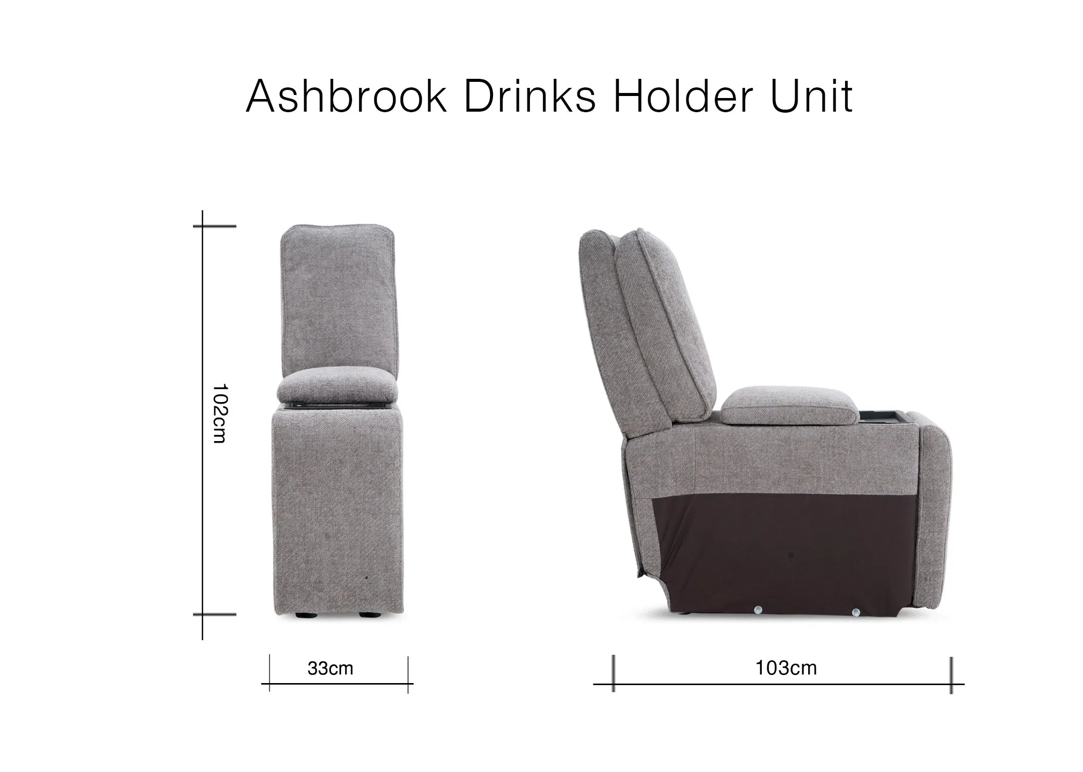 A dimension image of the Ashbrook drinks holder with 33cm x 102cm x 103cm