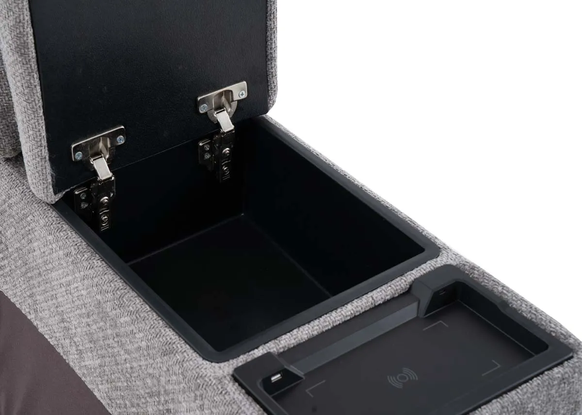 A grey fabric drinks holder from EZ Livings Ashbrook range. Closeup of concealed storage space under the armrest