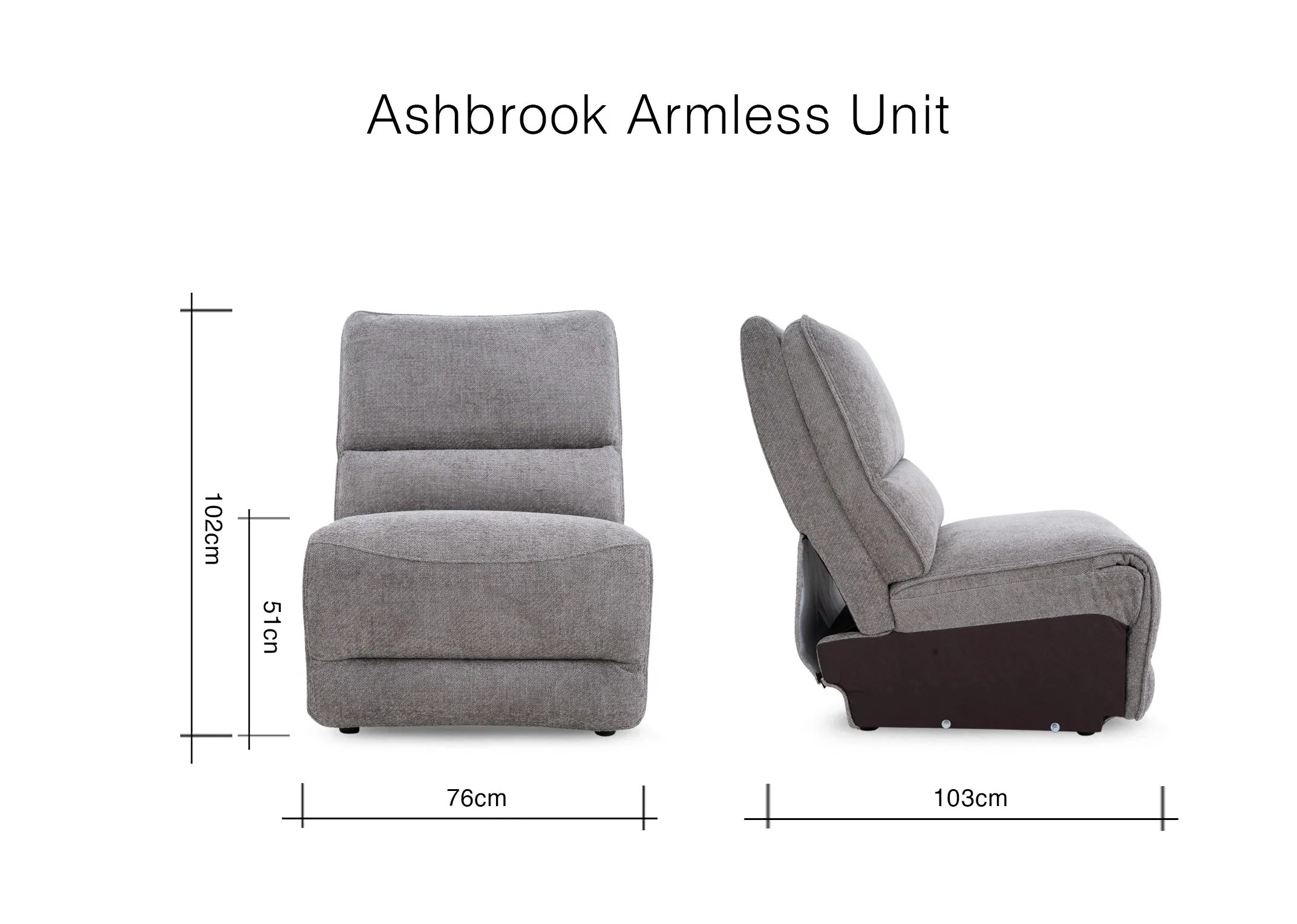 A dimension image of the Ashbrook Armless unit with 76cm x 103cm x 103cm