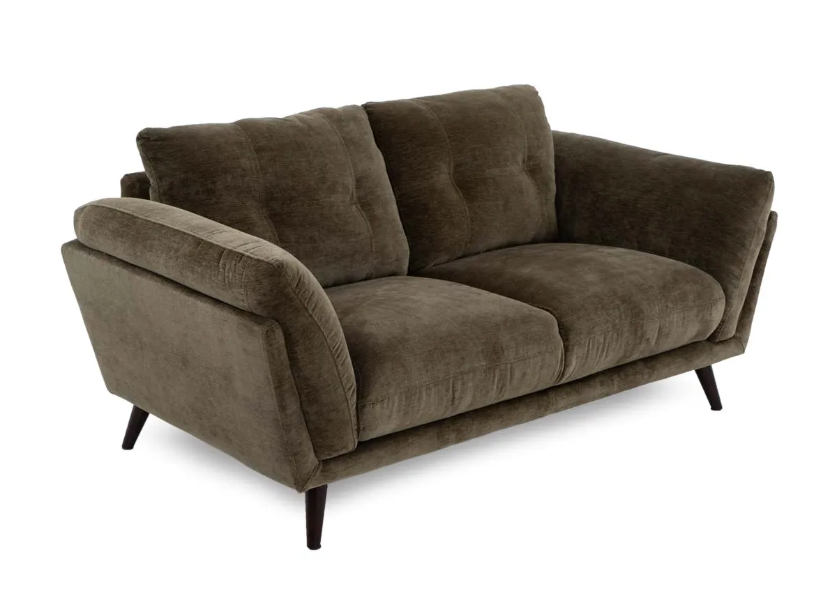 A 2 seater olive green fabric sofa from EZ Livings Toscana range. Angled view