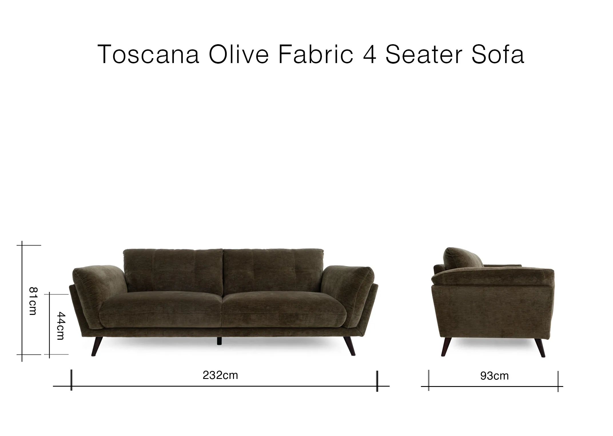 A dimension image of the Toscana 4 Seater sofa with 232cm x 93cm x 81cm