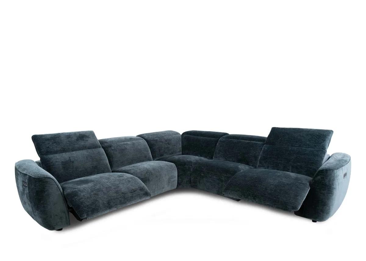 A teal fabric corner sofa with 2 seater corner and 2 seater from EZ Livings Preston range. Anngled view with seats reclined and head tilt lifted.