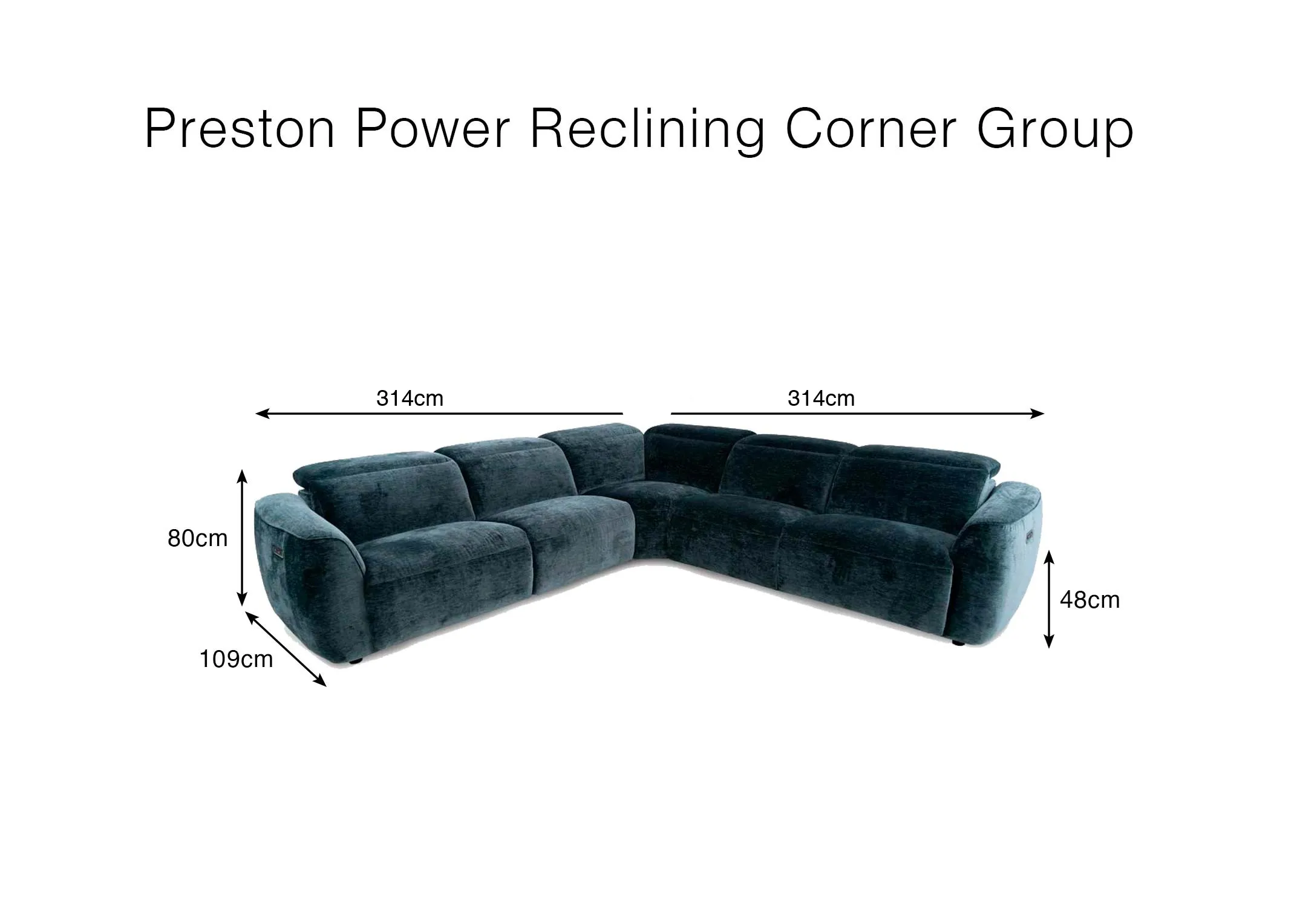 A dimension image of the Preston Corner sofa with 314cm x 80cm x 109cm
