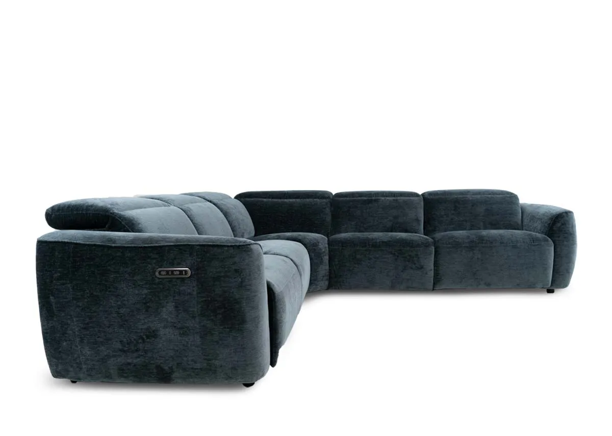 A teal fabric corner sofa with 2 seater corner and 2 seater from EZ Livings Preston range.Side view with seast fixed.
