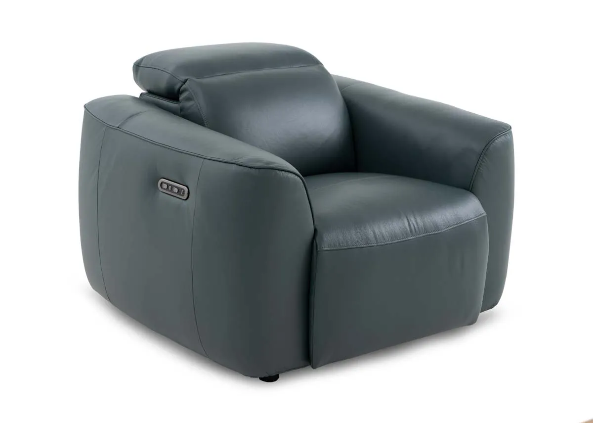 A teal leather power recliner from EZ Livings Preston range. Angled view