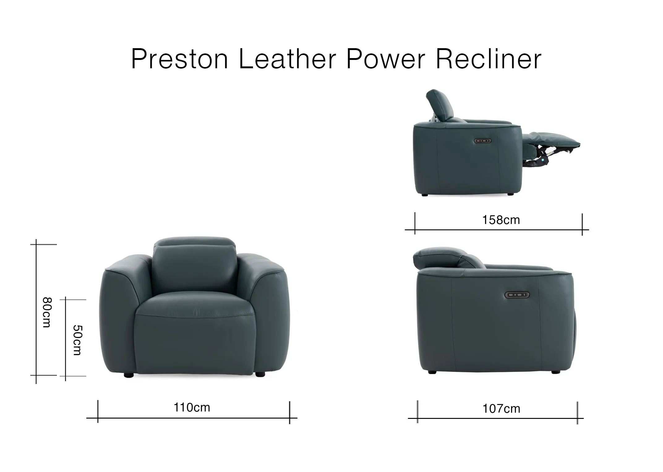 A dimension image of the Preston Recliner with 110cm x 80cm x 107-158cm