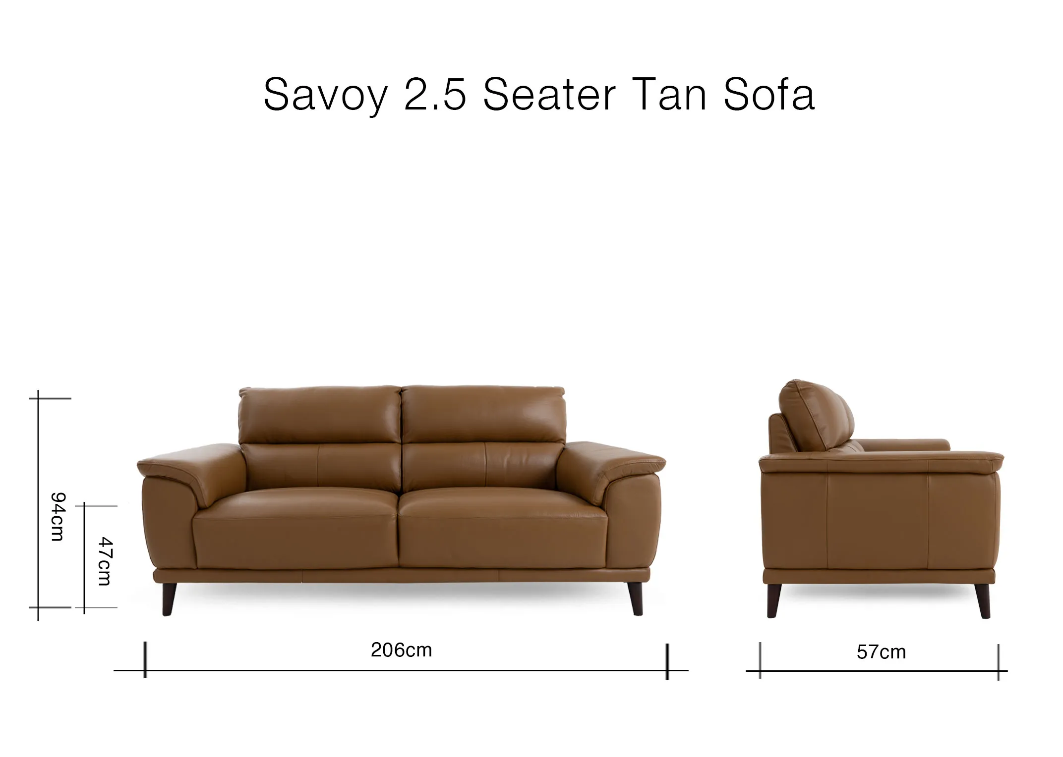A dimension image of the Savoy Tan Sofa with 208cm x 57cm x 94cm