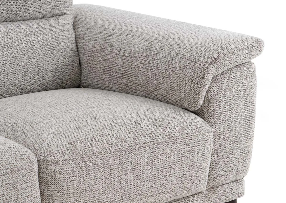A beige fabric 2 seater sofa from EZ Livings Savoy range.  Closeupm of padded armrests.