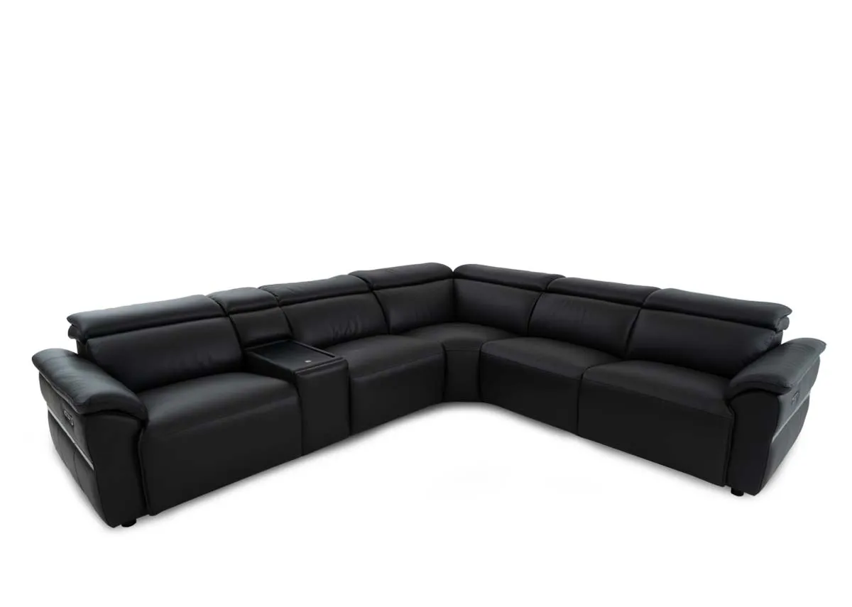 Charcoal Leather Power Reclining Corner Sofa with Electric Headrests & Drinks Holder - Moreno
