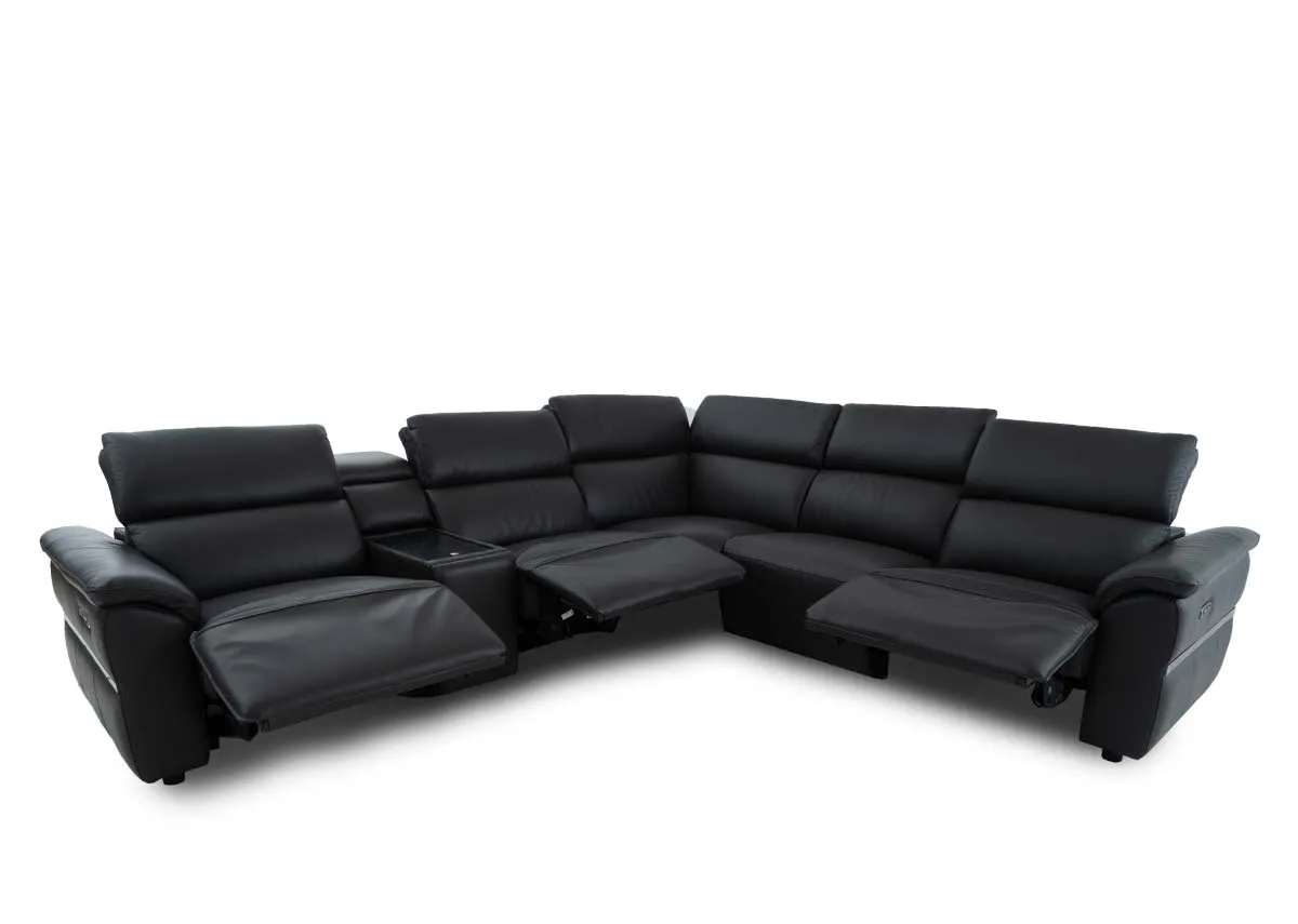 A charcoal leather modular corner sofa from EZ Livings Moreno range. Angled view of full sofa with headrests and seats up.