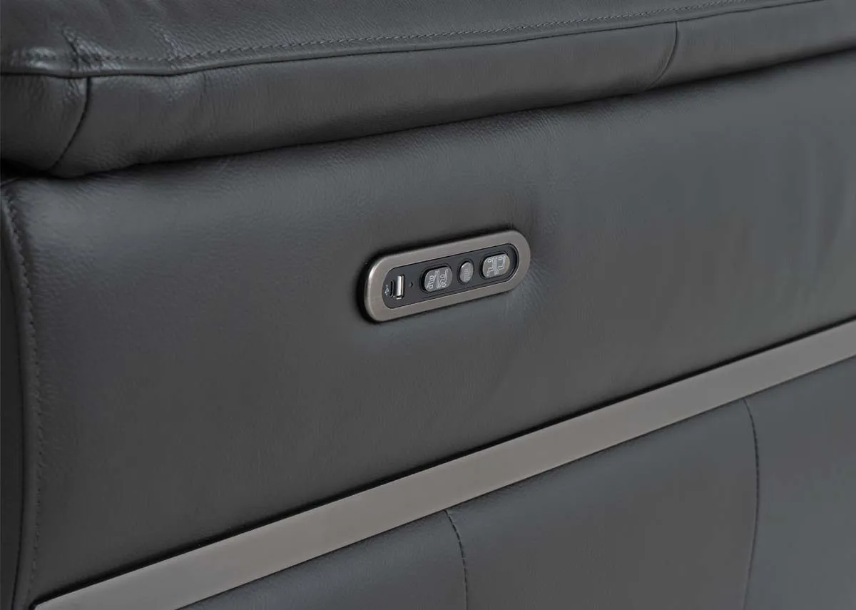 A charcoal leather modular corner sofa from Moreno with a closeup of the remote and usb features.