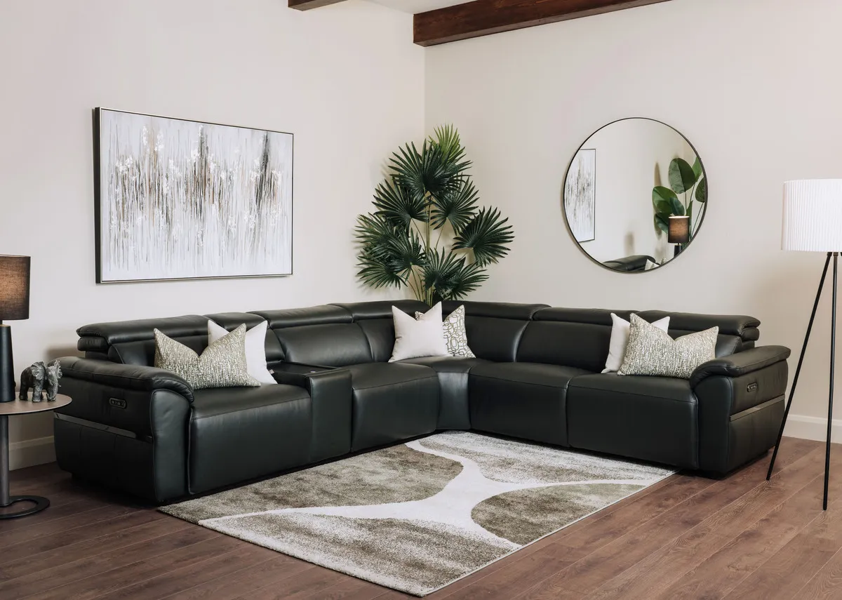 Charcoal Leather Power Reclining Corner Sofa with Electric Headrests & Drinks Holder - Moreno
