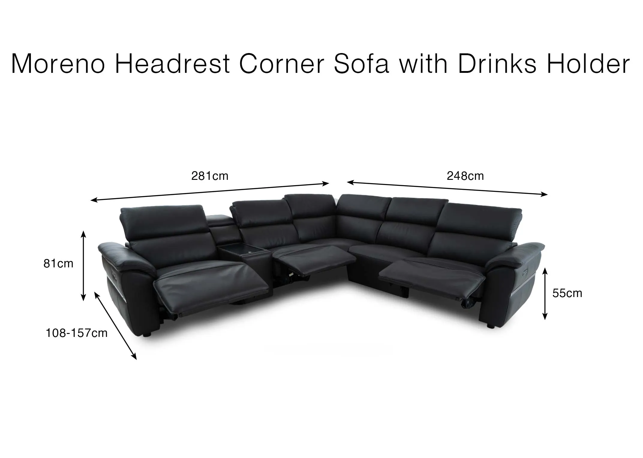 A dimension image of the Moreno Corner sofa with 496cm x 81cm x 55cm