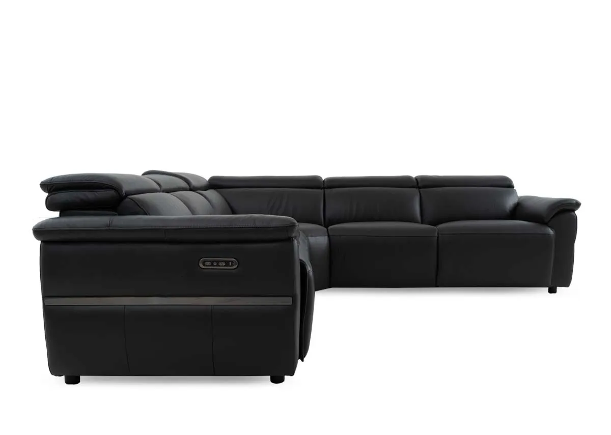 A charcoal leather modular corner sofa from EZ Livings Moreno range. Side view of remote