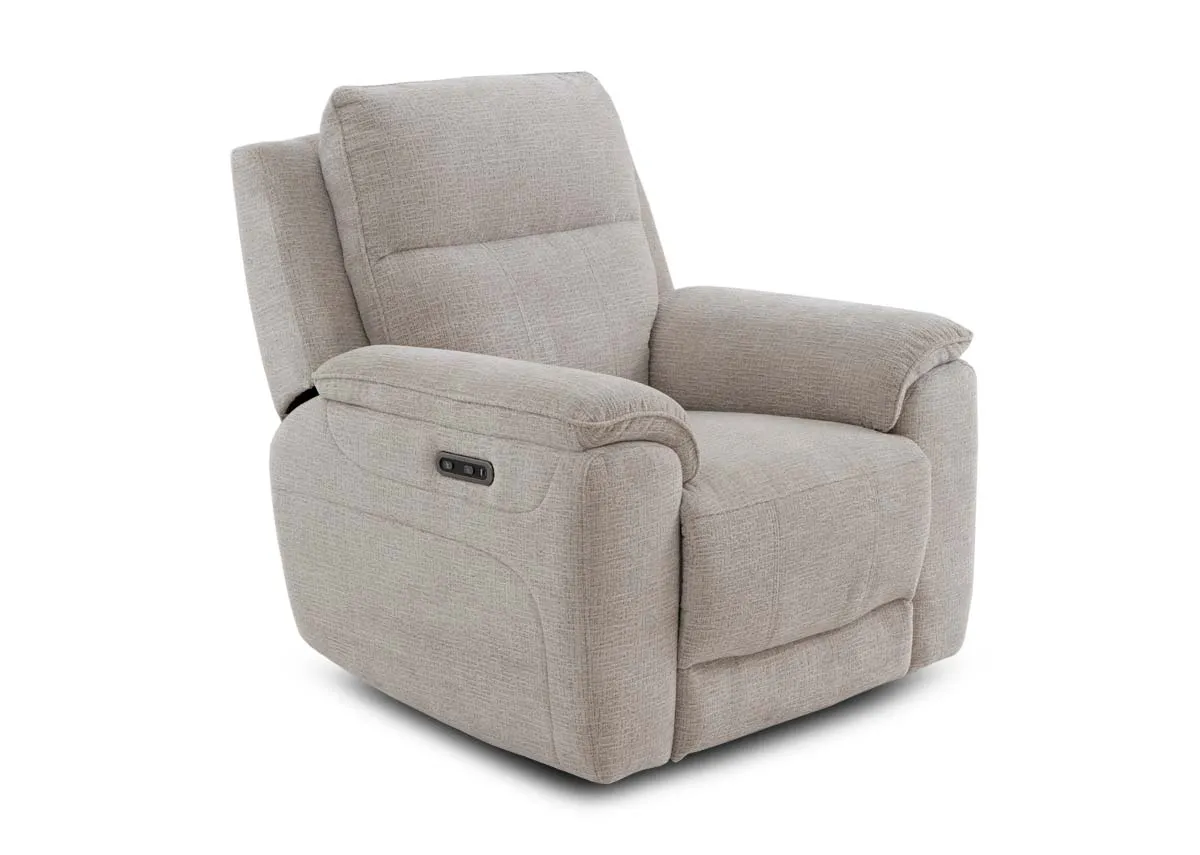 A beige fabric recliner from EZ Livings Aura range. Angled view of the recliner as an armchair