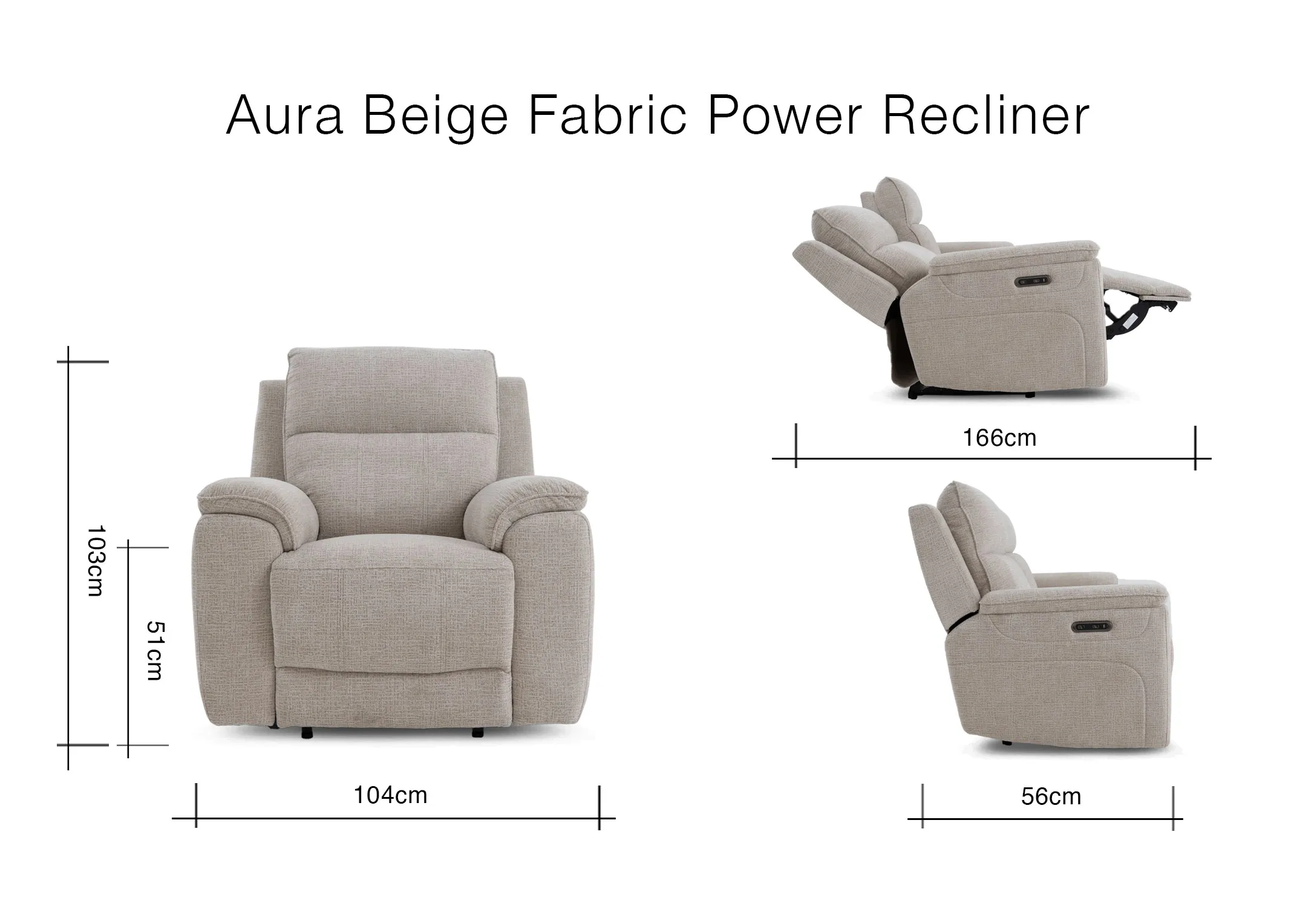 A dimension image of the Aura Beige Recliner 104cm x 103cm x 56-166cm