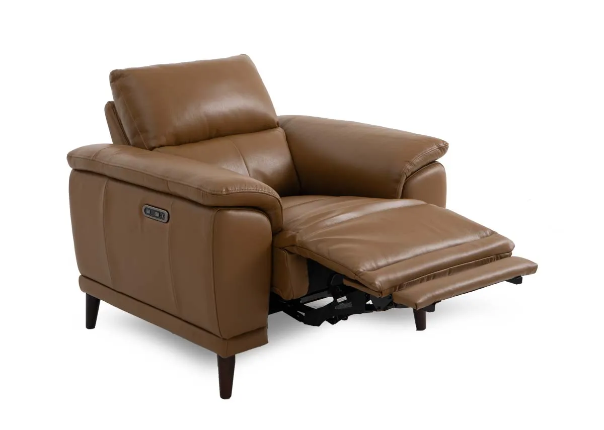 A tan leather power recliner from EZ Livings Savoy range. Angled view