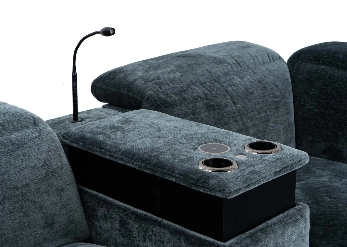 A teal fabric drinks holder from EZ Livings Preston range.Closeup of wireless pad and cup holders