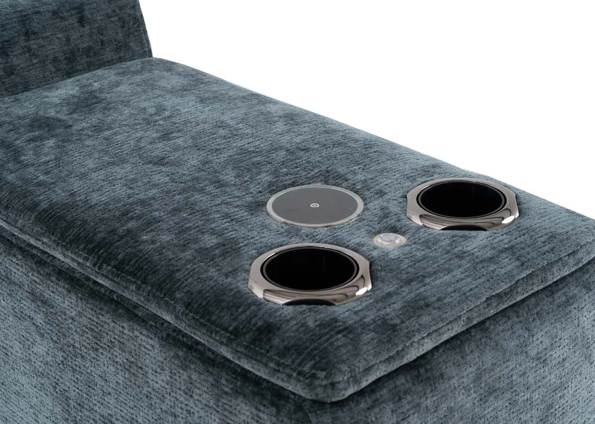 A teal fabric drinks holder from EZ Livings Preston range. Wireless pad detail