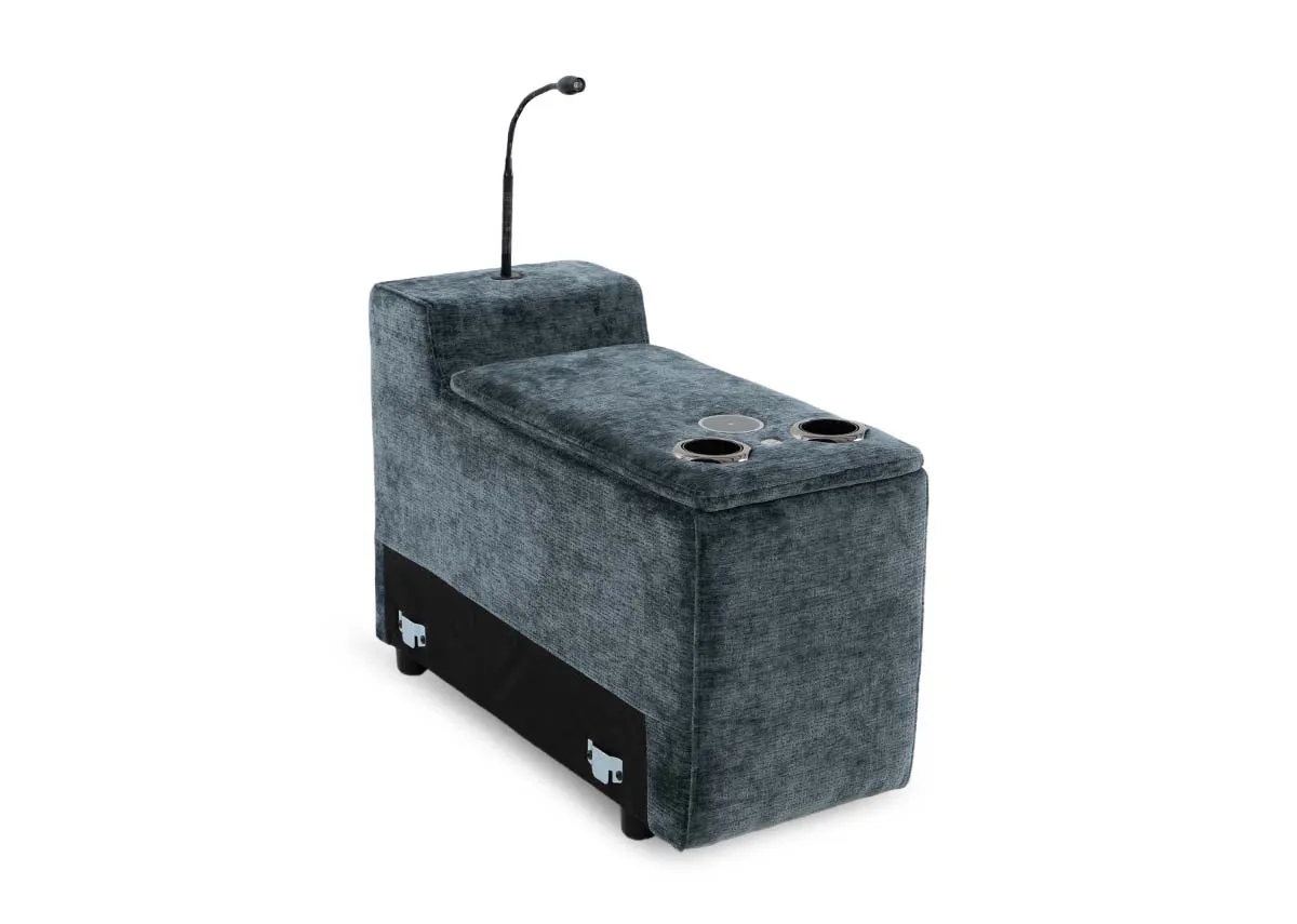 A teal fabric drinks holder from EZ Livings Preston range. Angled view of overhead light
