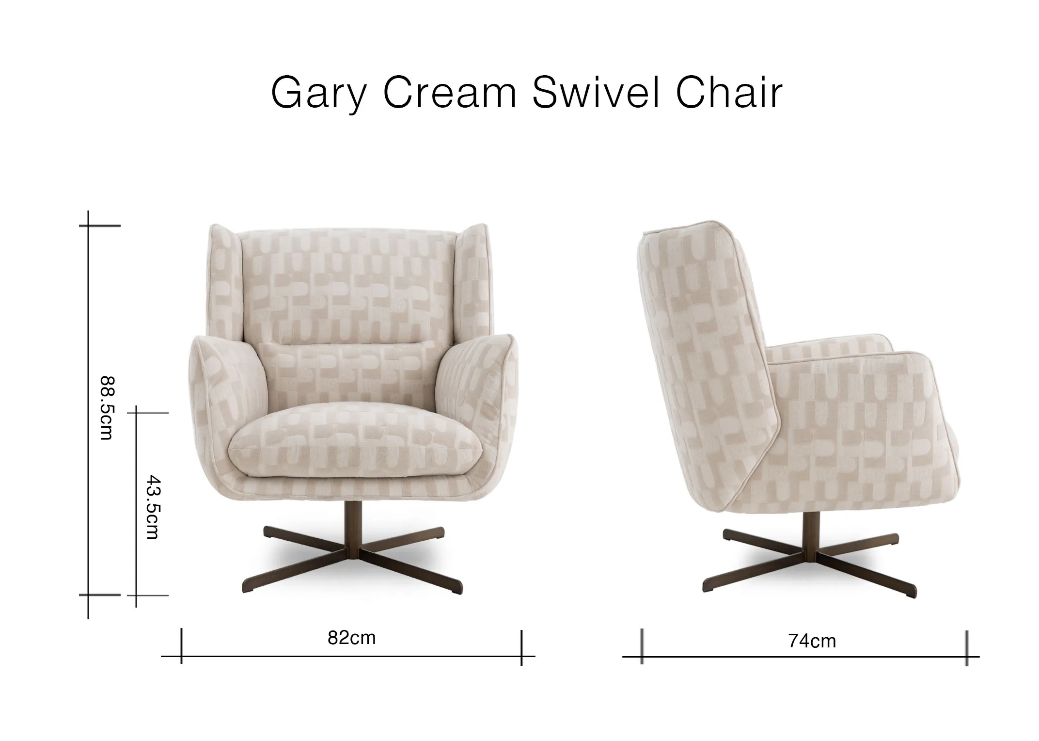A dimension image of the Gary Swivel Chair with 82cm x 74cm x 88.5cm