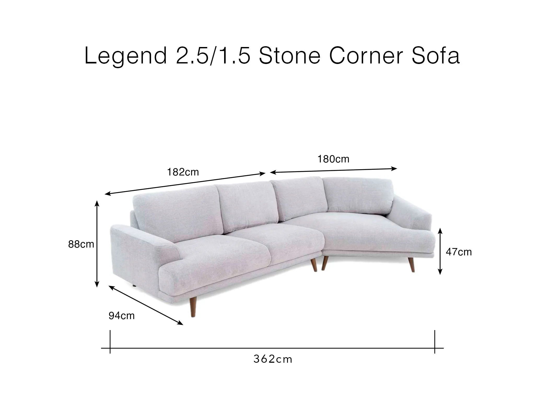 A dimension image of the Legend Corner sofa with 362cm x 94cm x 88cm