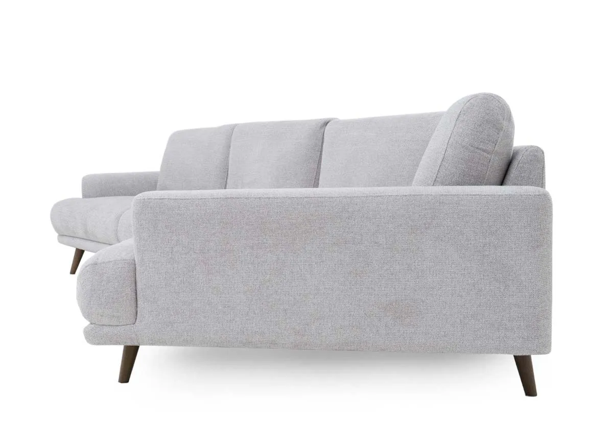 A stone grey corner sofa from EZ Livings Legend range. Side view of armrest on 1.5 seater