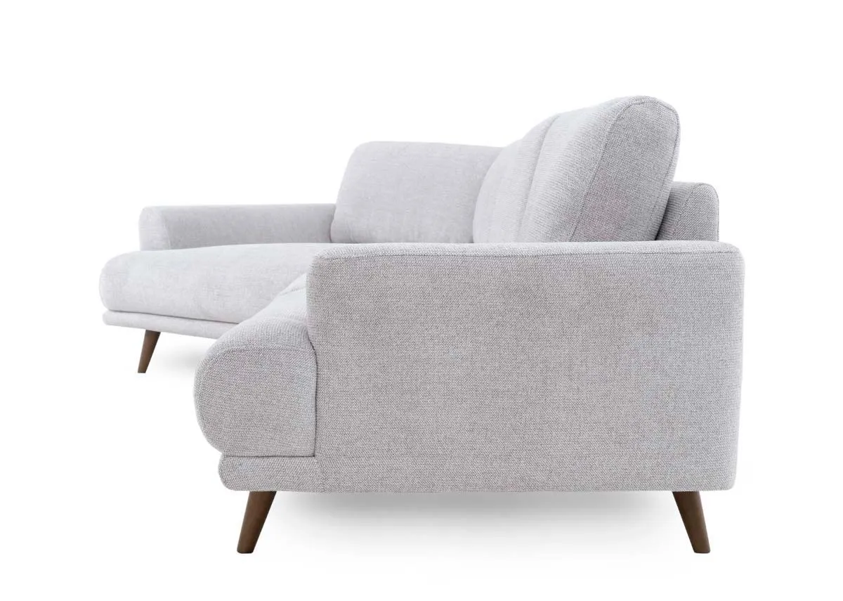 A stone grey corner sofa from EZ Livings Legend range.Side view of armrest on 1.5 seater