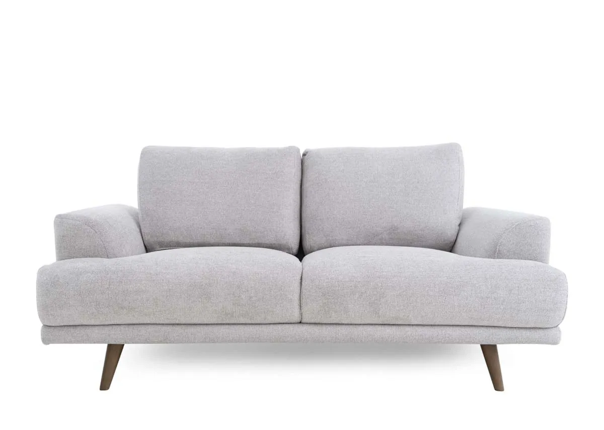 A light grey fabric 2 seater sofa from EZ Livings Legend range. Front view
