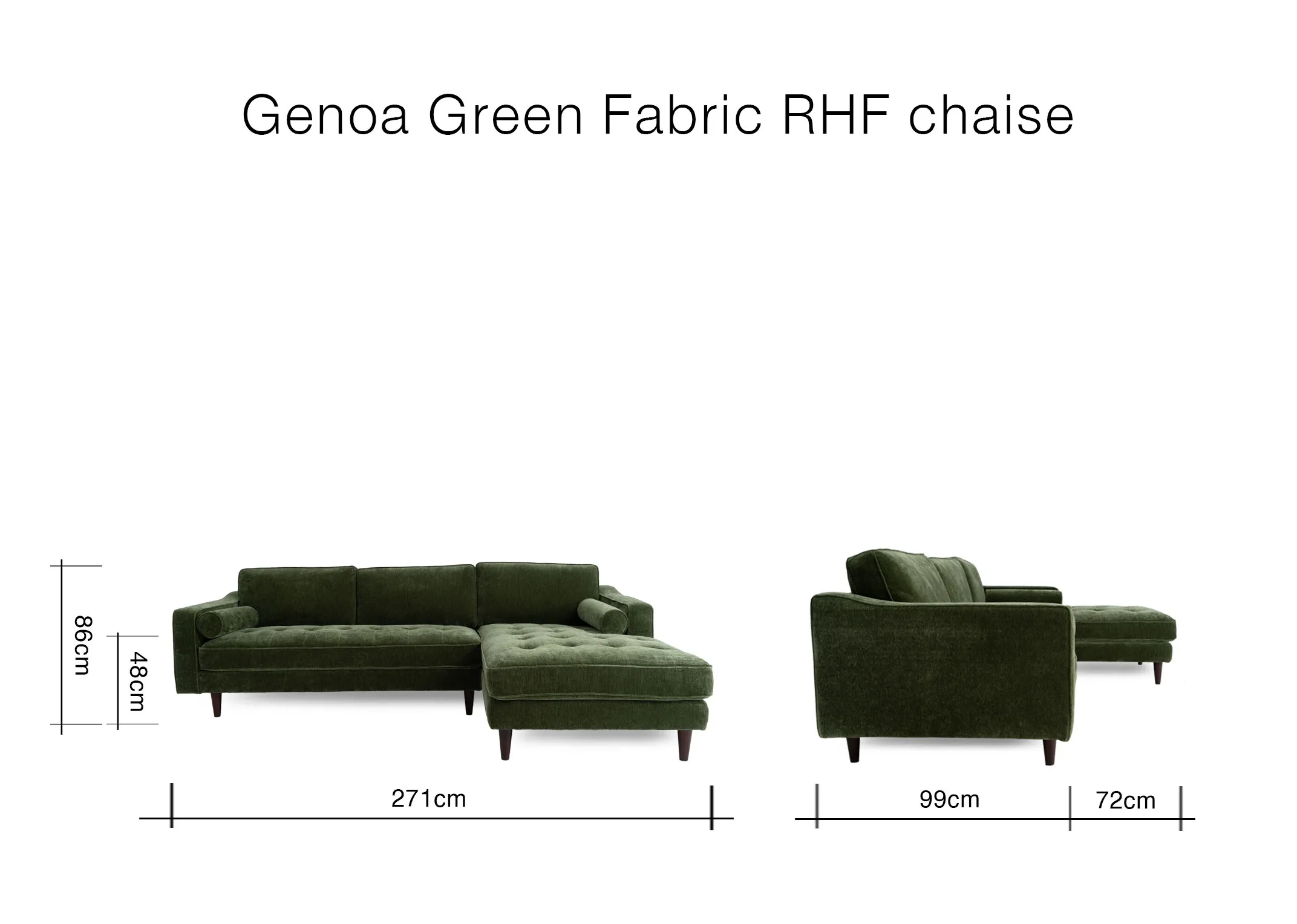 A dimension image of the Genoa RHF Corner chaise with 271cm x 86cm x 99cm x 48cm