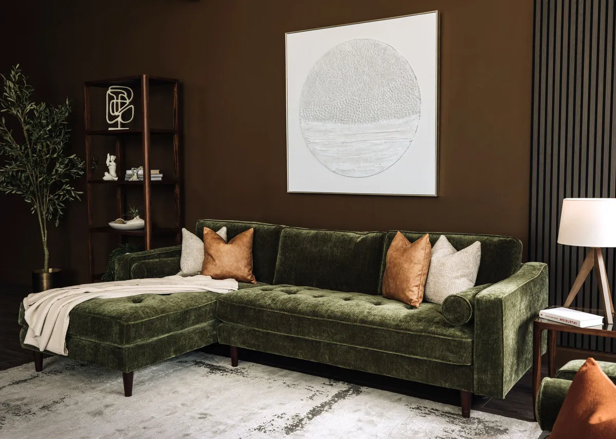 A lifestyle image of the Genoa lhf chaise with Cameo bookcase and Pathways canvas.