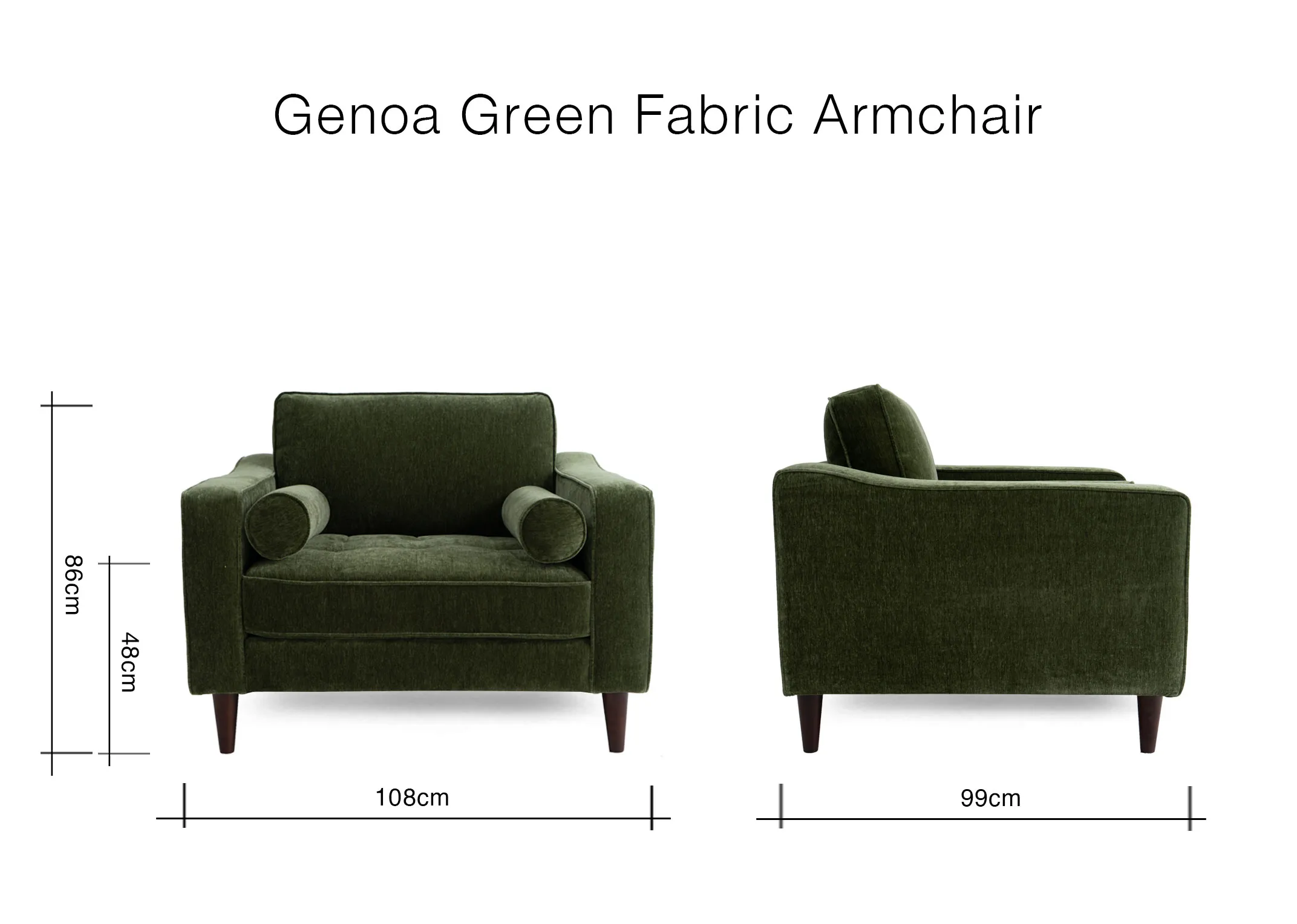 A dimension image of the Genoa Armchair with 108cm x 99cm x 86cm