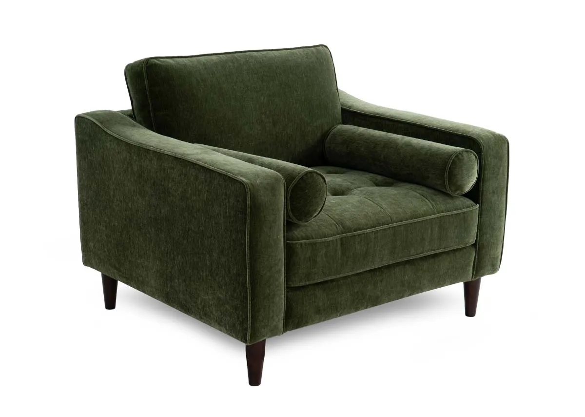 A green fabric armchair from EZ Living Furniture genoa range with 2 rolled bolster cushions.