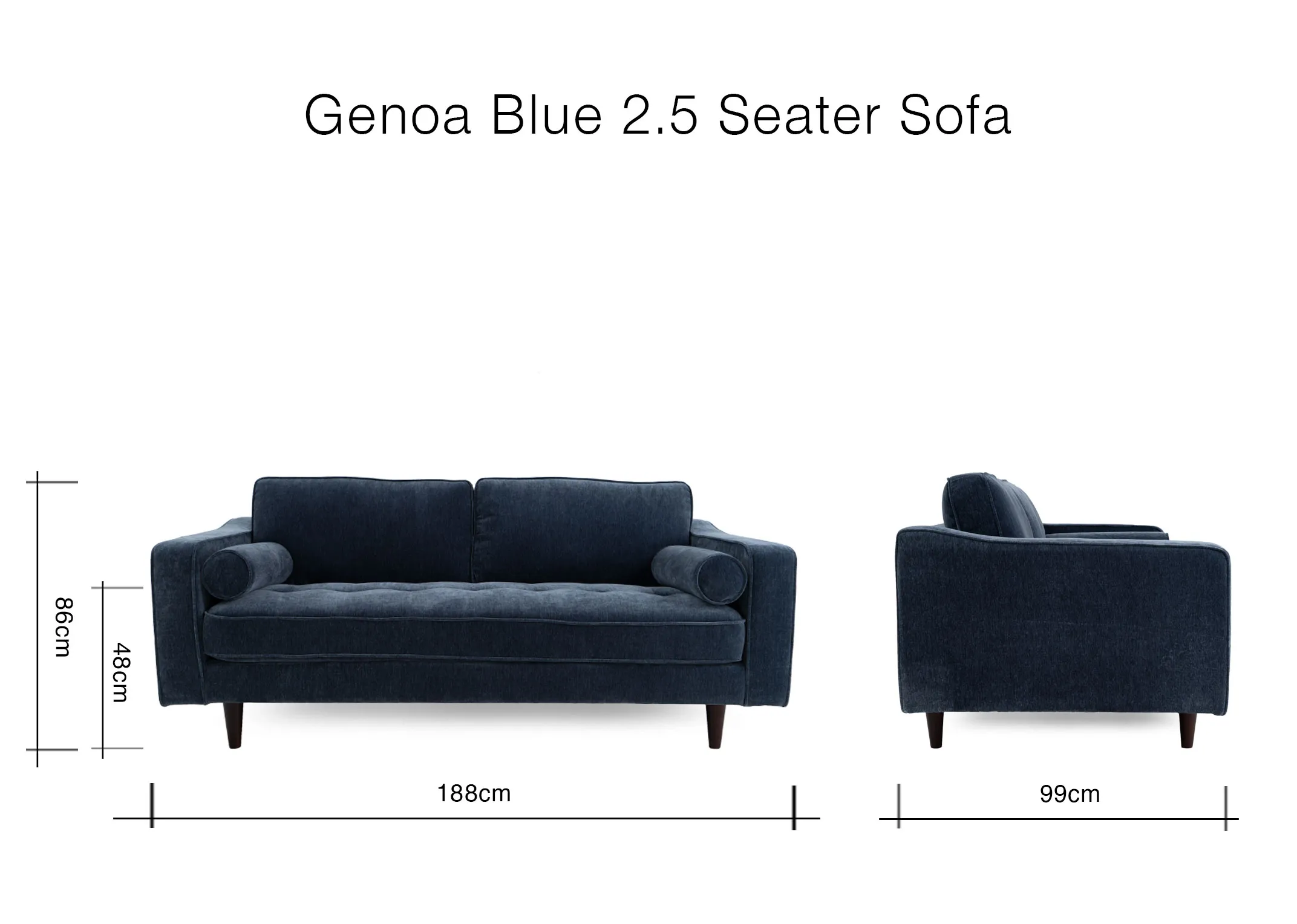 A dimension image of the genoa Blue 2.5 Seater with 188cm x 99cm x 86cm