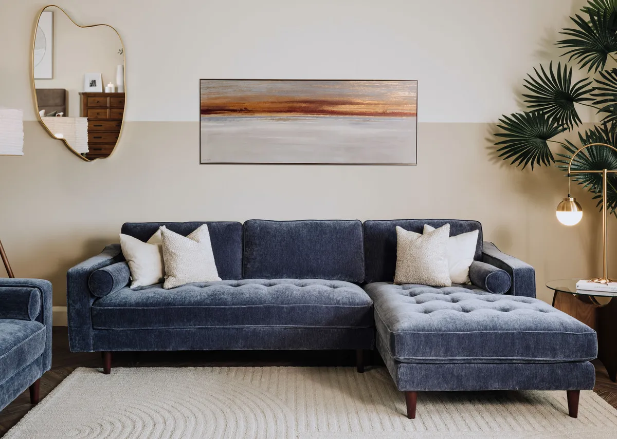 A lifetsyle image of the Genoa chaise with Benton mirror and Evening peace canvas
