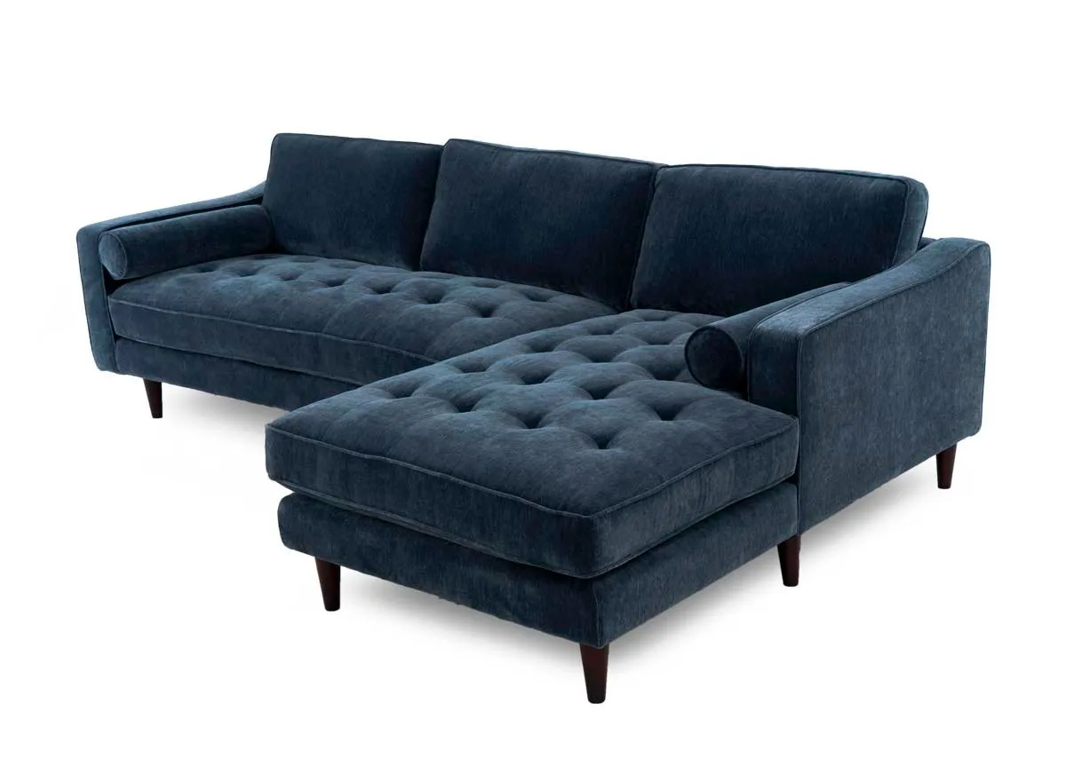 A blue fabric rhf sofa chaise from EZ Livings Genoa range. Angled view of chaise on right.