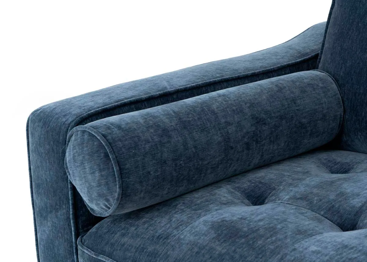 A blue fabric rhf sofa chaise from EZ Livings Genoa range. Closeup of rolled bolsters