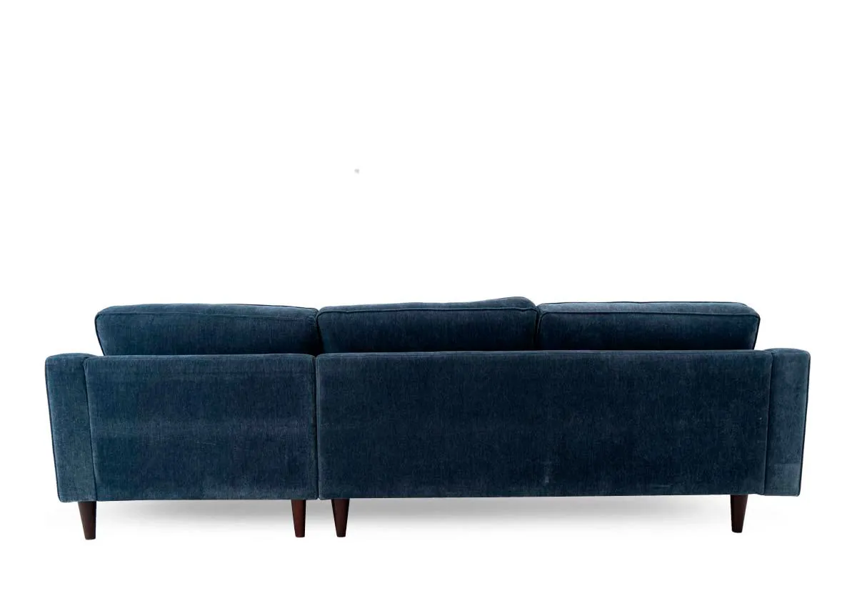 A blue fabric rhf sofa chaise from EZ Livings Genoa range. View of low back