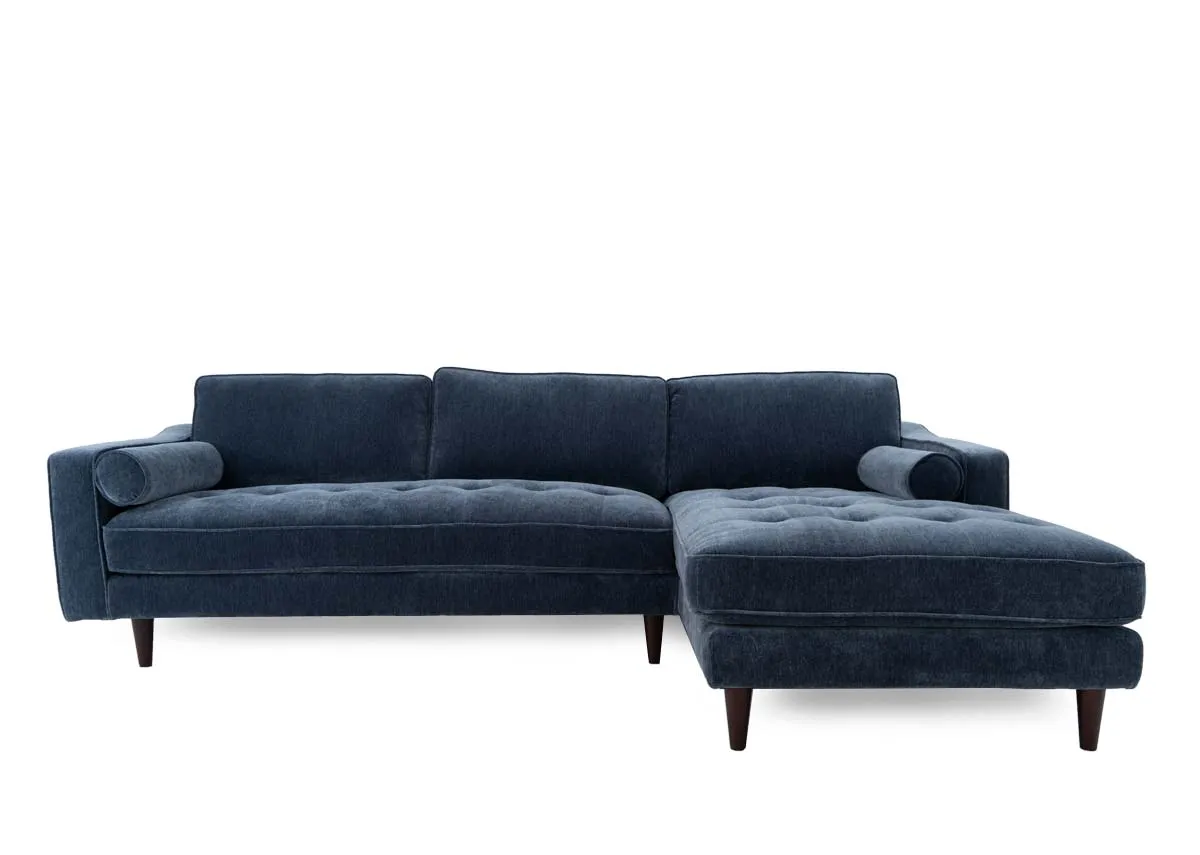A blue fabric rhf sofa chaise from EZ Livings Genoa range. Front  view of dark tapered feet