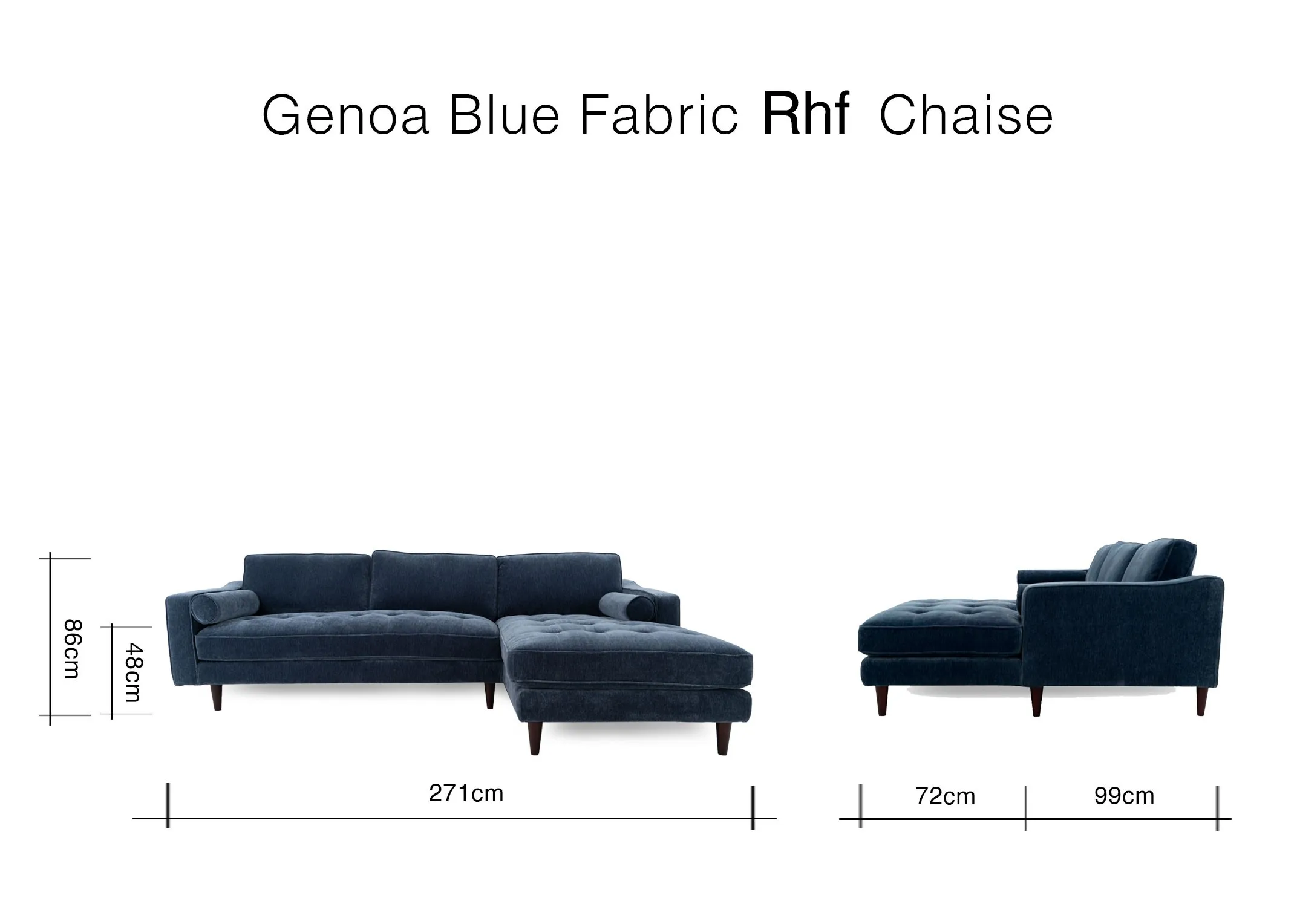 A dimension image of the Genoa Corner chaise with 271cm x 86cm x 99cm