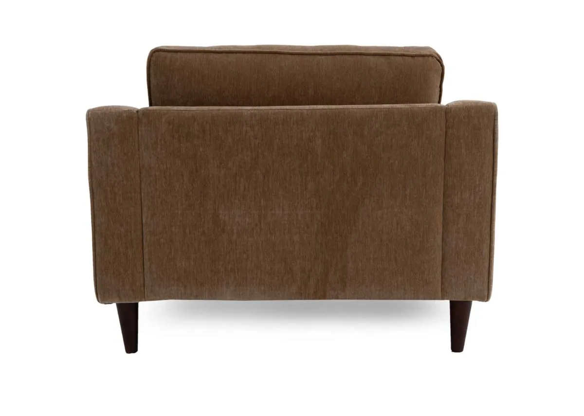 A rich brown fabric armchair from EZ Livings Genoa range. Back view shows low seatrest.
