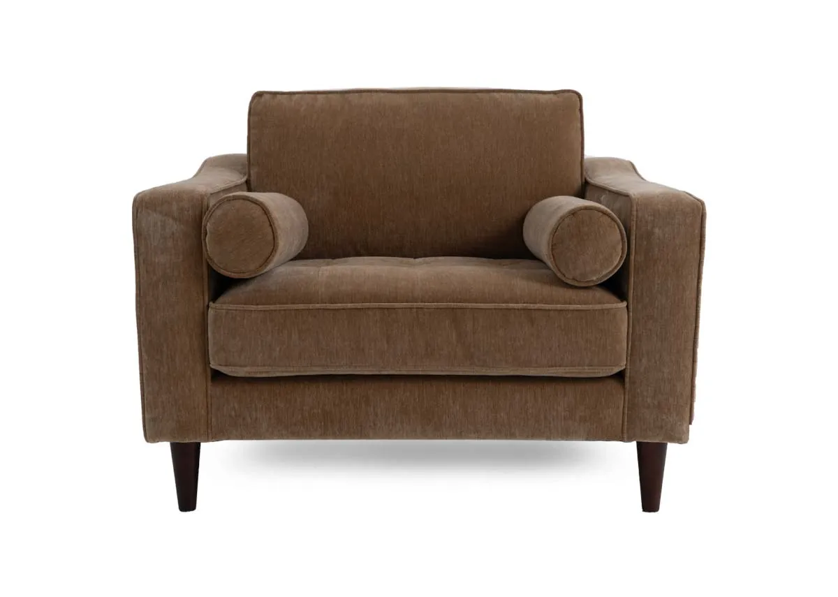 A rich brown fabric armchair from EZ Livings Genoa range. Front view of wide seat