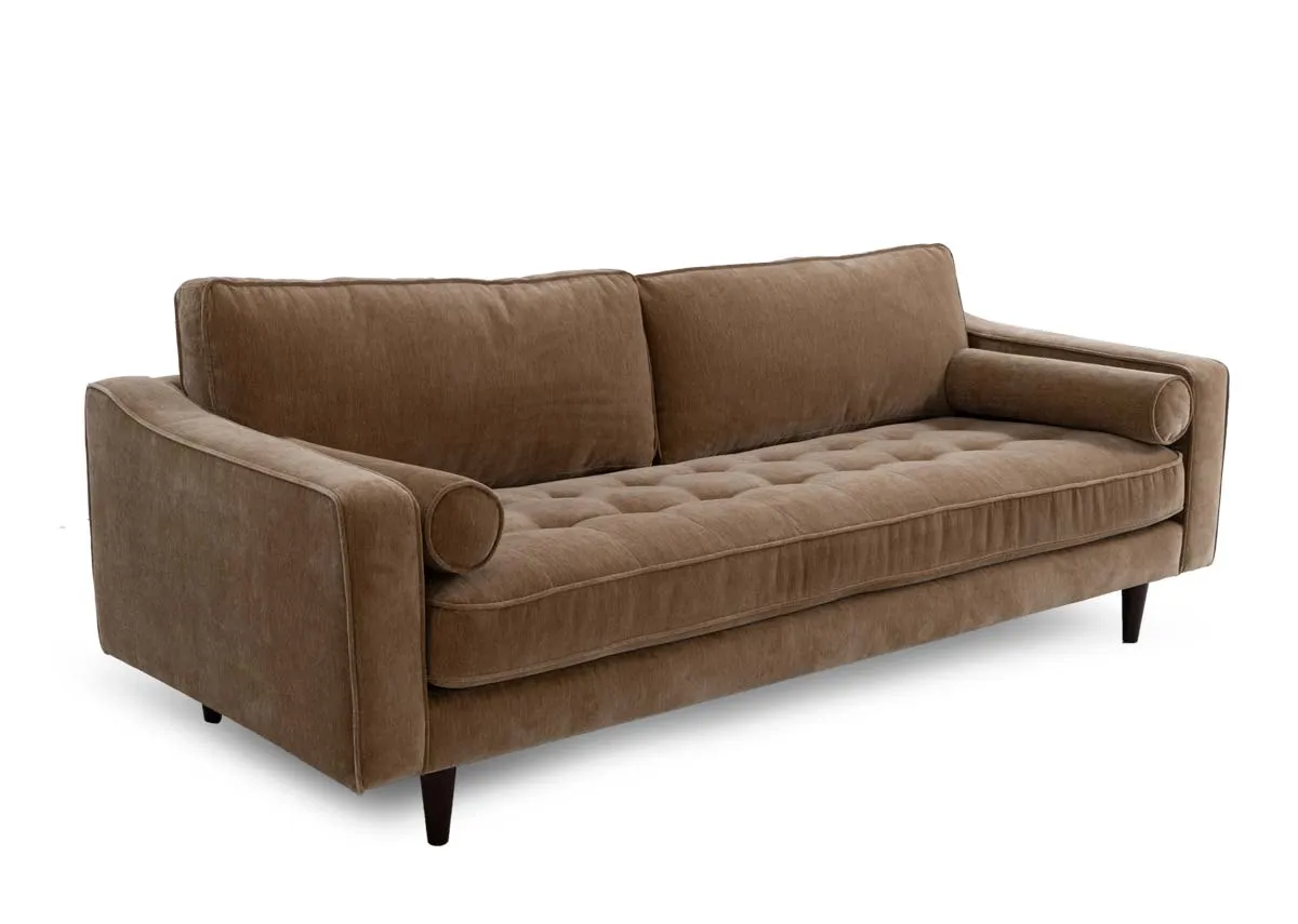 A 3 seater brown fabric sofa from EZ Livings Genoa range. Angled view