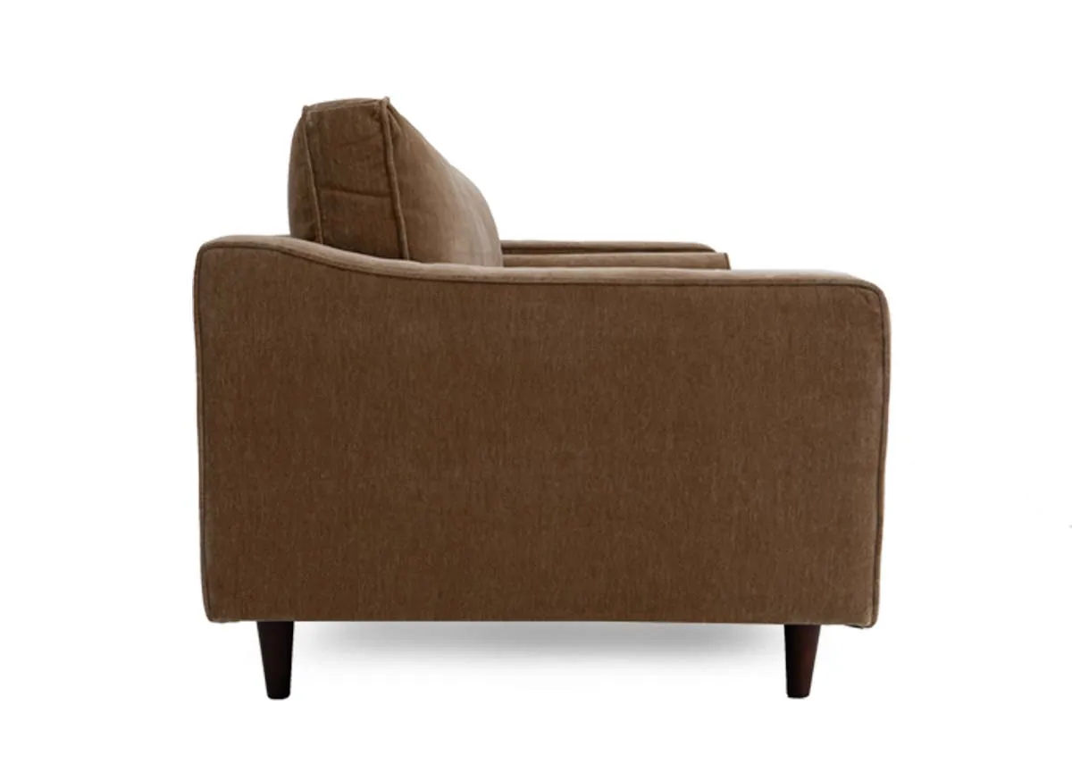 A 3 seater brown fabric sofa from EZ Livings Genoa range.Front view of button detail