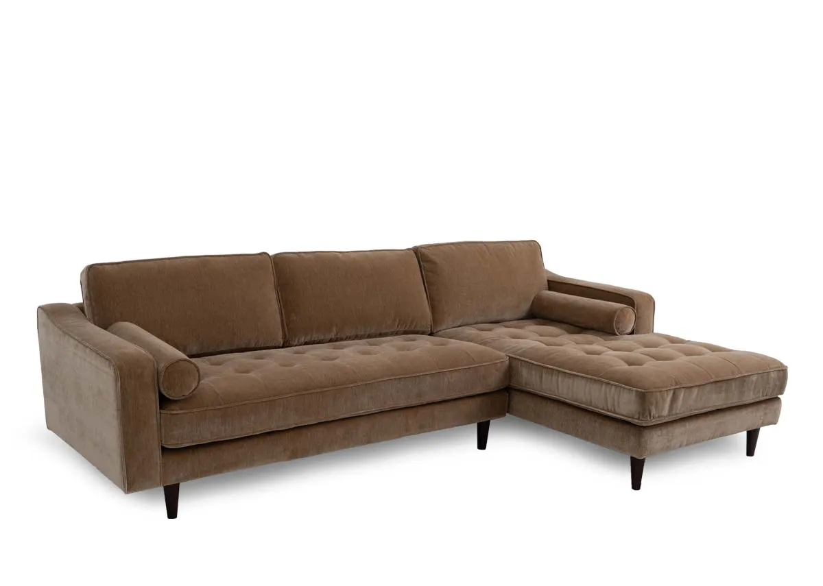 A light brown fabric RHF corner chaise from EZ Livings Genoa range. Angled view of button detail on seats.