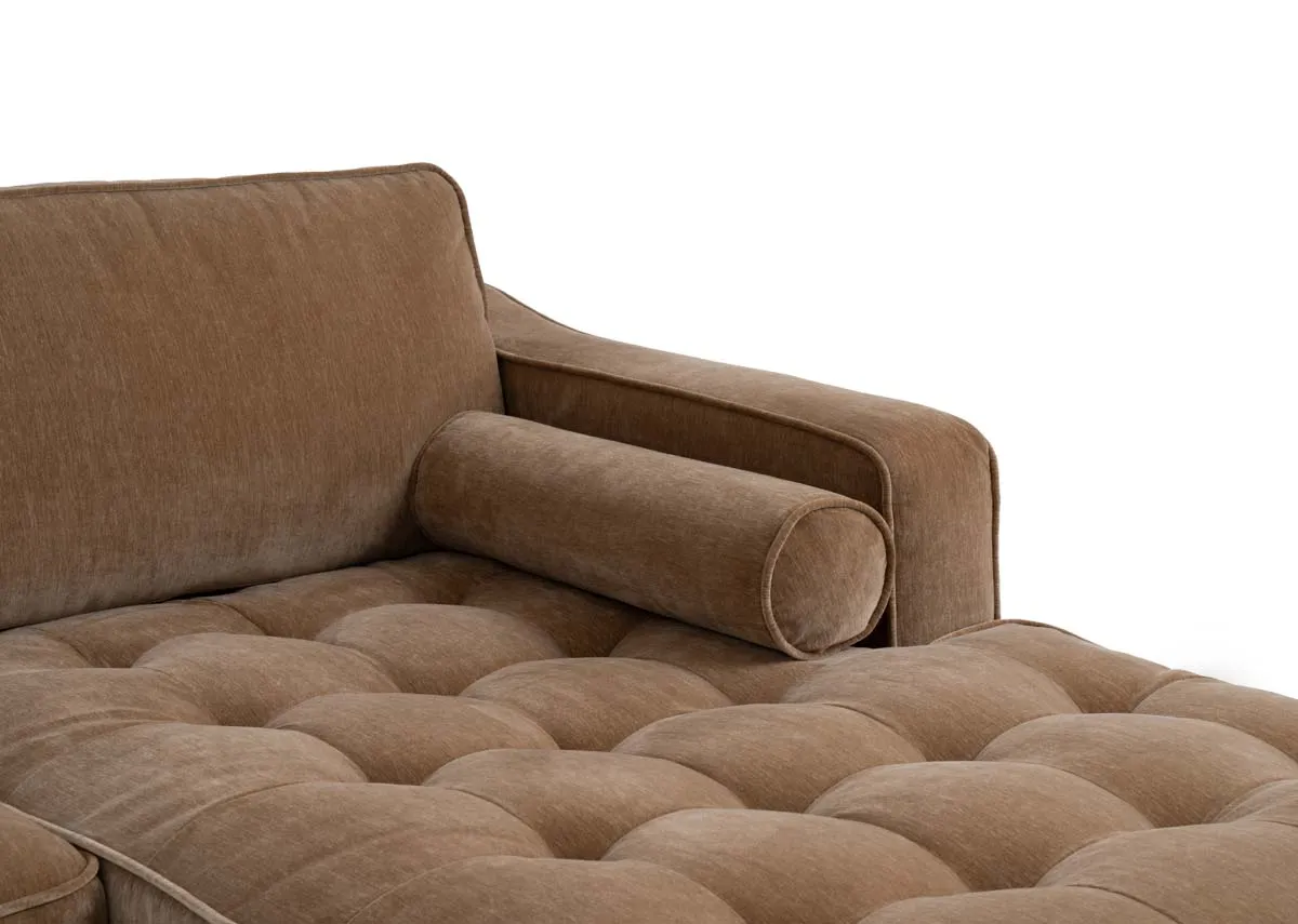 A light brown fabric RHF corner chaise from EZ Livings Genoa range. Closeup of tufted button detail