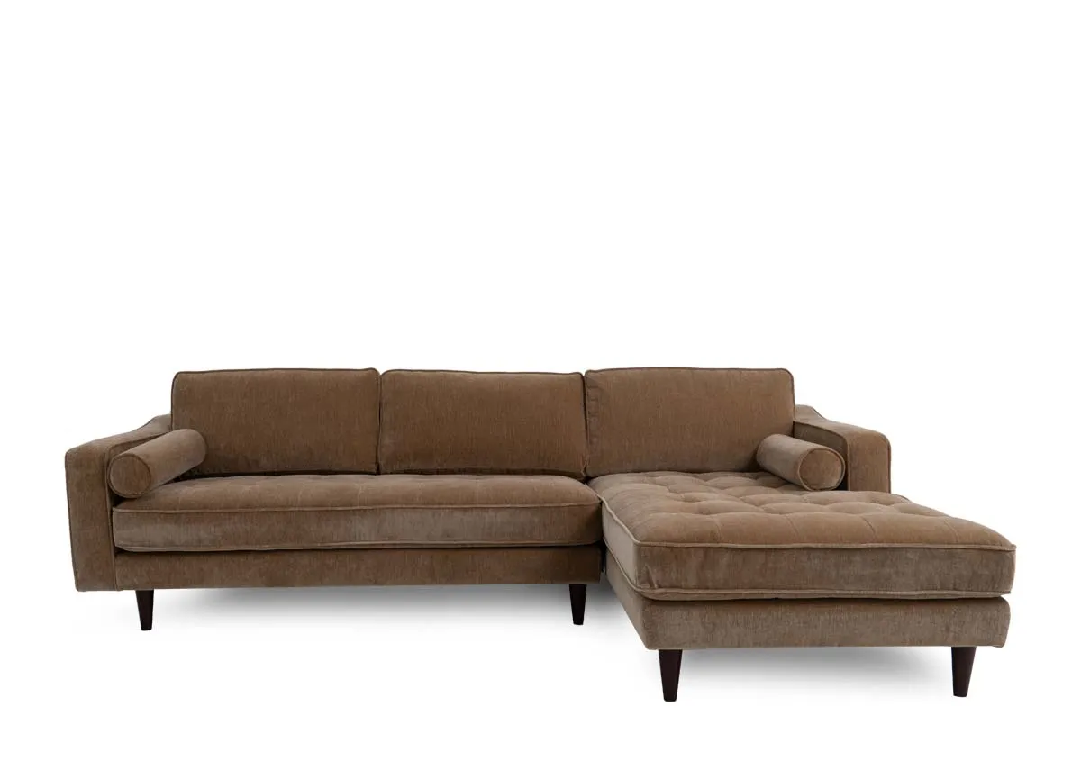 A light brown fabric RHF corner chaise from EZ Livings Genoa range. Front view of tapered feet