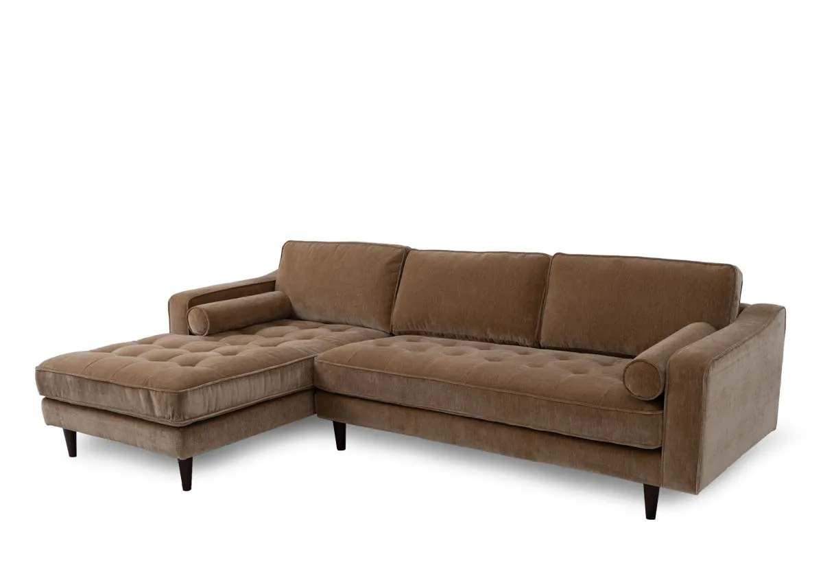 A light brown fabric lhf corner chaise from EZ Livings Genoa range. Angled view of chaise on left of the picture.
